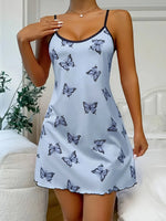 Butterfly Print Sexy Nightgown for Women Spaghetti Strap Sleep Dress Silky Homewear Summer Loungewear Nightwear Slip
