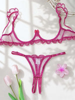 Sexy Women Bra Set Rose Red Mesh Lingerie Three-point Intimate Underwear Bow Underwire Bralette Crotchless Thong Lingerie Set