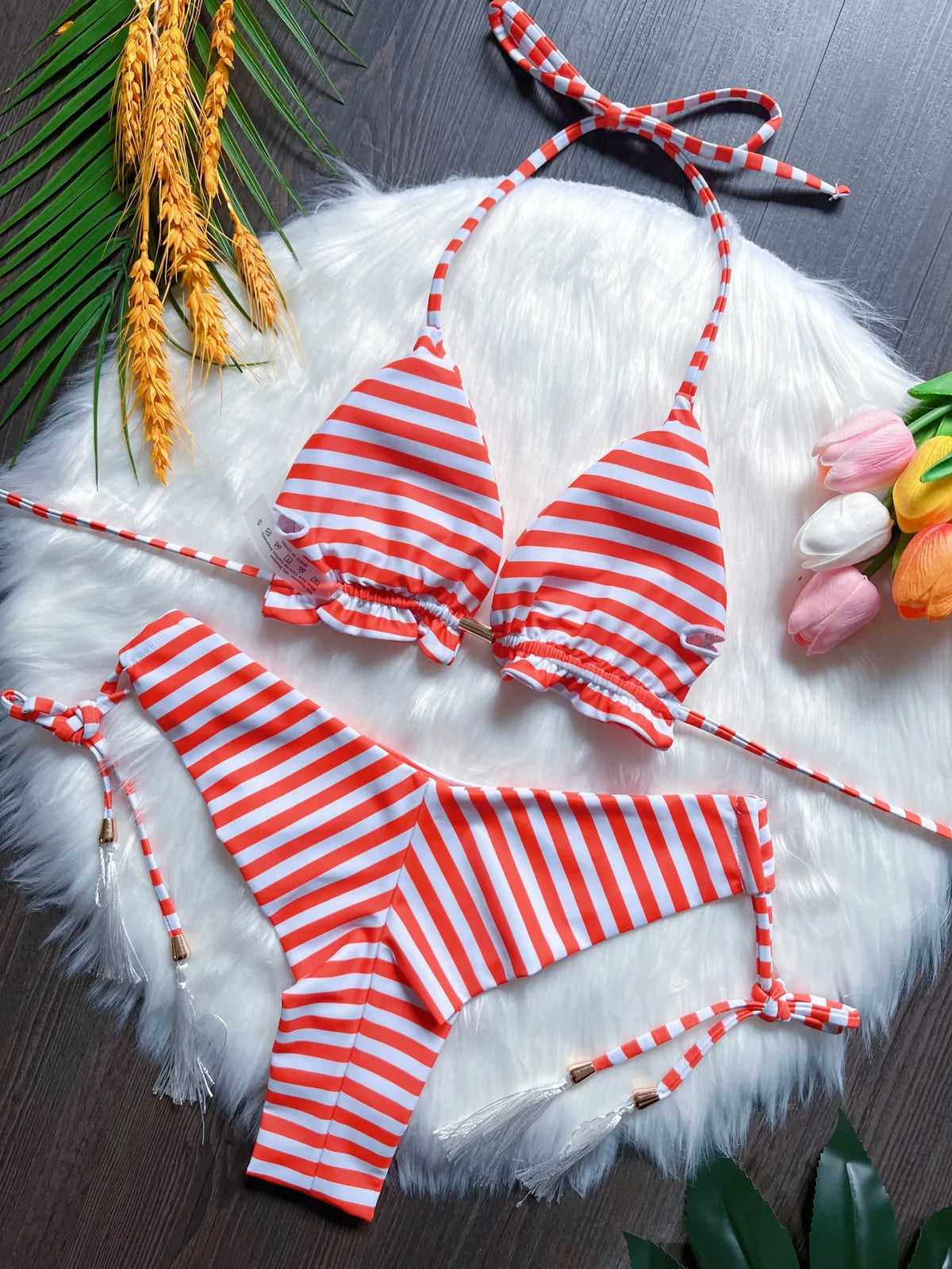 Sexy print women's bikini swimsuit split set with straps and tassels 2-piece set for summer beach swimsuit