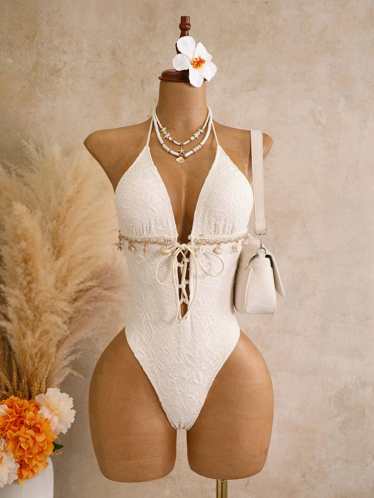 DEKA Sexy Deep V Neck Hollow Out Backless Swimwear White Shell Starfish Ornament One Piece Swimsuit Women Bathing Suit Holiday