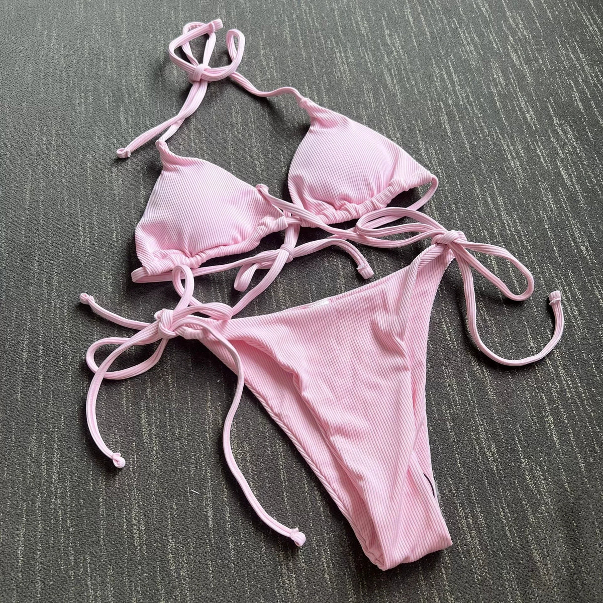 DEKA Women's Brazilian Solid Thong Bikini Set Side Halter Tie Swimsuit Ladies Split Strap Adjustable Bandage Lace-up Swimwear