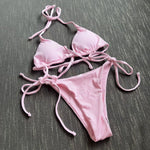 DEKA Women's Brazilian Solid Thong Bikini Set Side Halter Tie Swimsuit Ladies Split Strap Adjustable Bandage Lace-up Swimwear