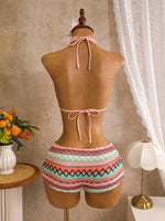 Sexy Hot Pink Knitted Striped Swimsuit 2026 Women Metal Circle Patchwork Hollow Backless Beach Bathing Suit One Piece Swimwear