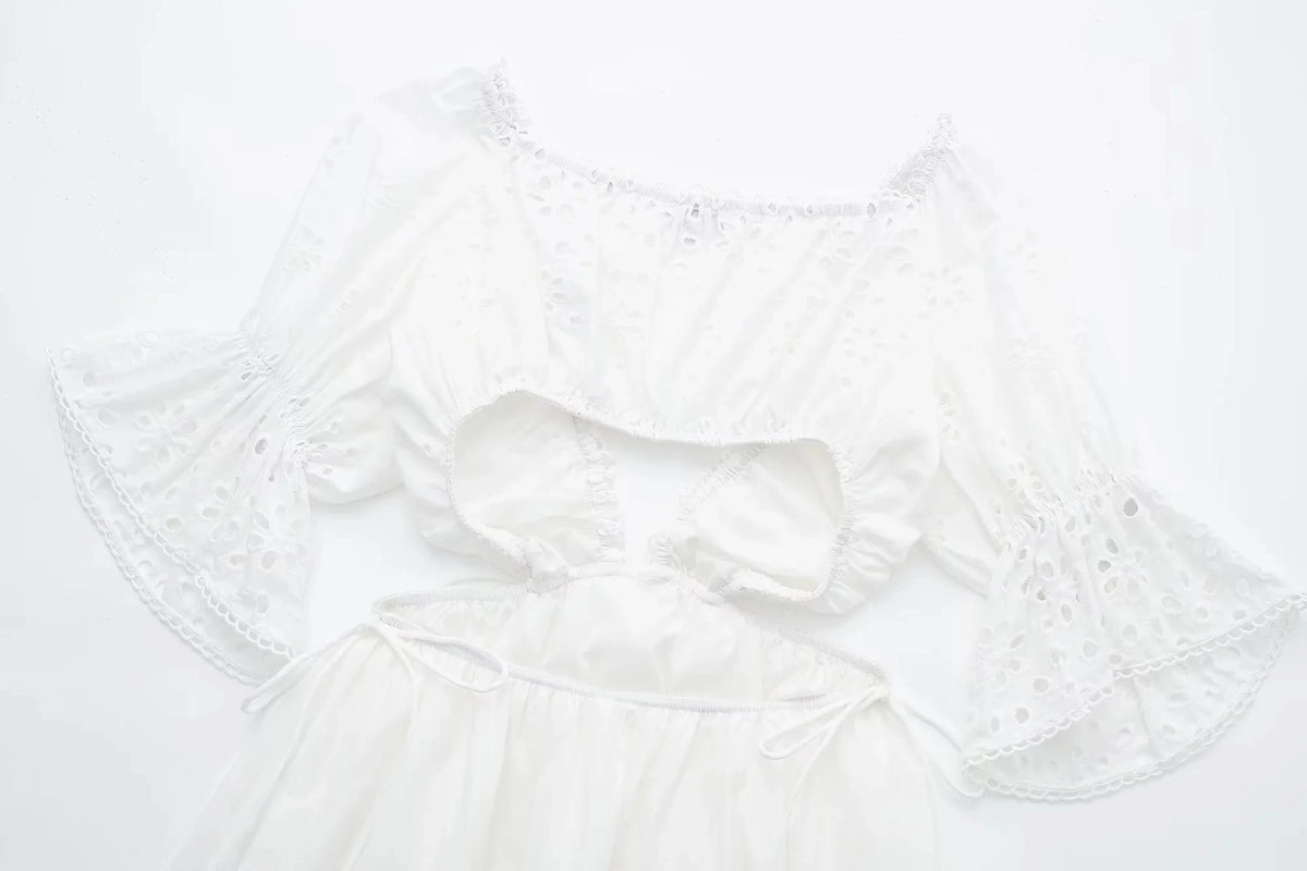Foridol Lace Summer White Dress Women Puff Sleeve Embriodery Waist Cut Out Beach Short Sexy Cotton Dress Backless 2025 Sundress