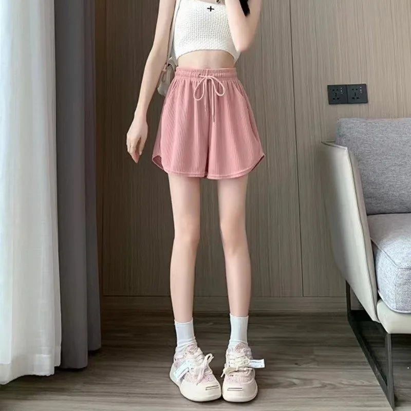 Summer Shorts Skirts Women Elastic High Waist Casual Wide Leg Shorts Korean A Line Loose Mini Skirt Black Short Pants