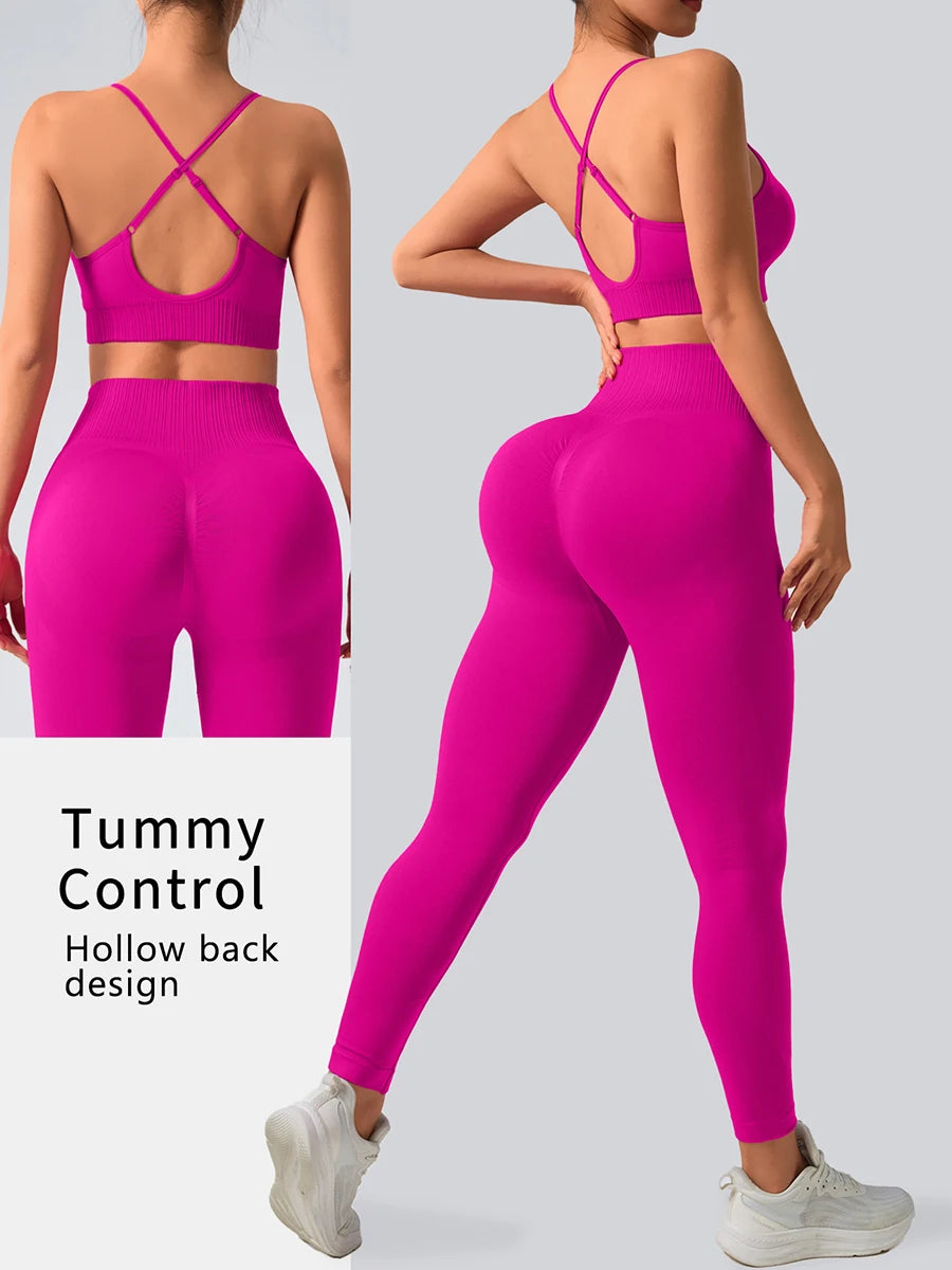 2 pcs/set Seamless Tight Pants Set Rose Red Tank Top Outfit Women's Clothing BreathableTrousersAthleisure Fitness Pants