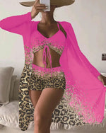Women Bathing SuitPrint Leopard Bikinis 3 Pieces Swimsuit Kimono High Waist Bikini Shorts Long Sleeve Beach Cover Up Swimwear