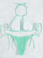 2025 Halter Tie Side Hollow Out Smocked Bikini Women Swimsuit Female Swimwear Two Pieces Bikini Set Swim Bathing Suit Beach Wear