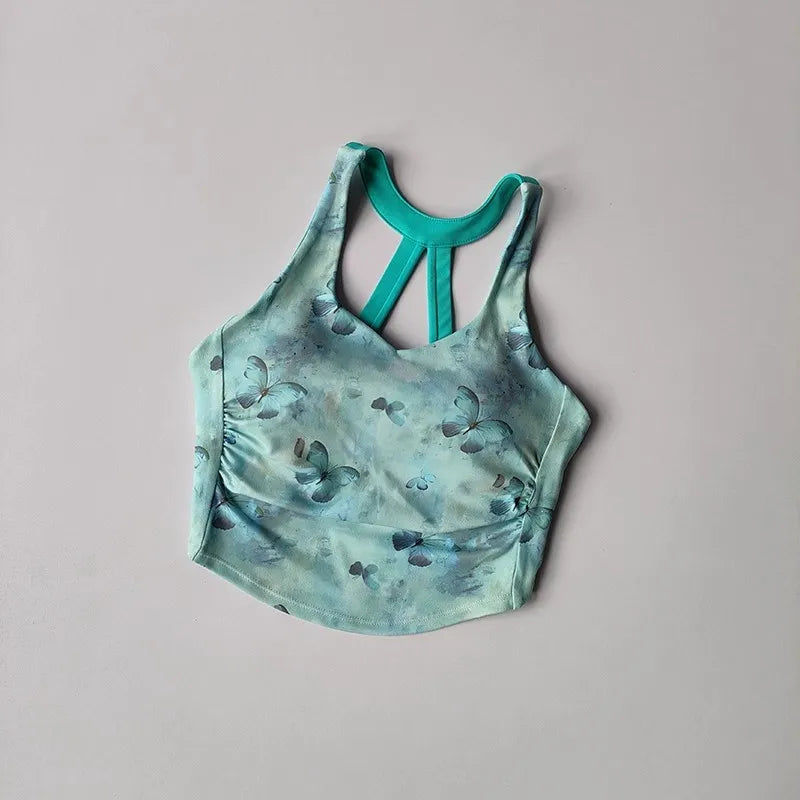 Women's Elegant Printed Yoga Sports Vest Shock Resistant Fitness Outerwear Beautiful Back Cross Shaped Design