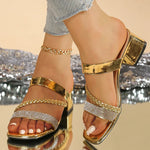 Luxury Golden Thick Heels Sandals Women Crystal Woven Strap High Heel Party Shoes Woman Plus Size 42 Square Toe Summer Sandles