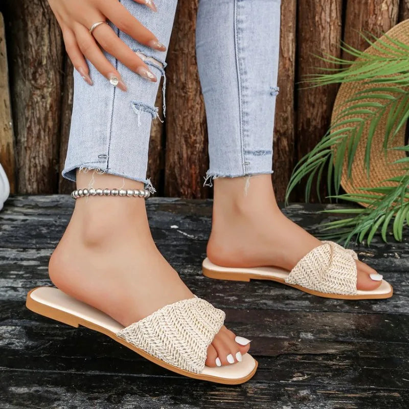 Women Open Toe Weave Slippers Ladies Outdoor Soft SoleFlats 2026 New Summer