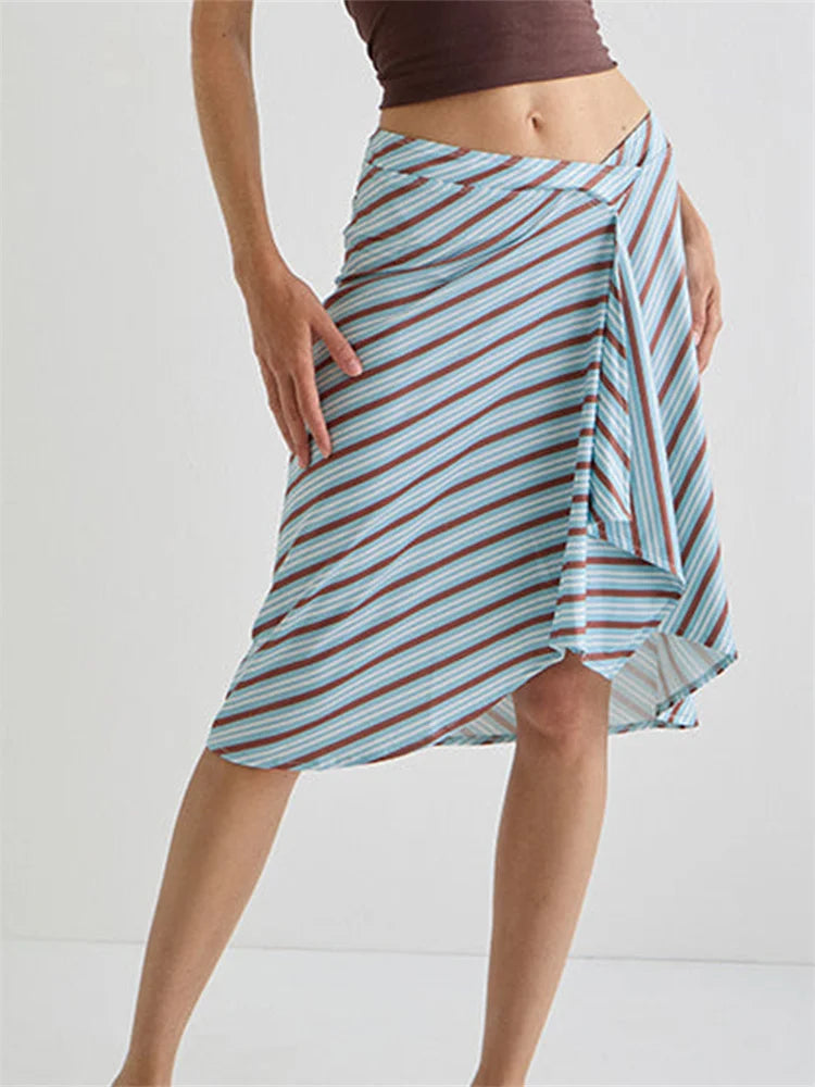 Summer Solid/Stripe/Plaid Midi Skirts for Women Casual Elegant A-Line Skirt for Beach Vacation Streetwear