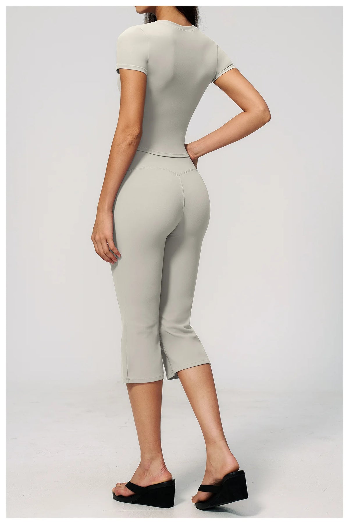 Yoga Set for Women High Waist Hip Lifting Tight Mid Pants Fitness Suit Short Sleeve O Neck Slimming Sports T Shirt Athletic Wear