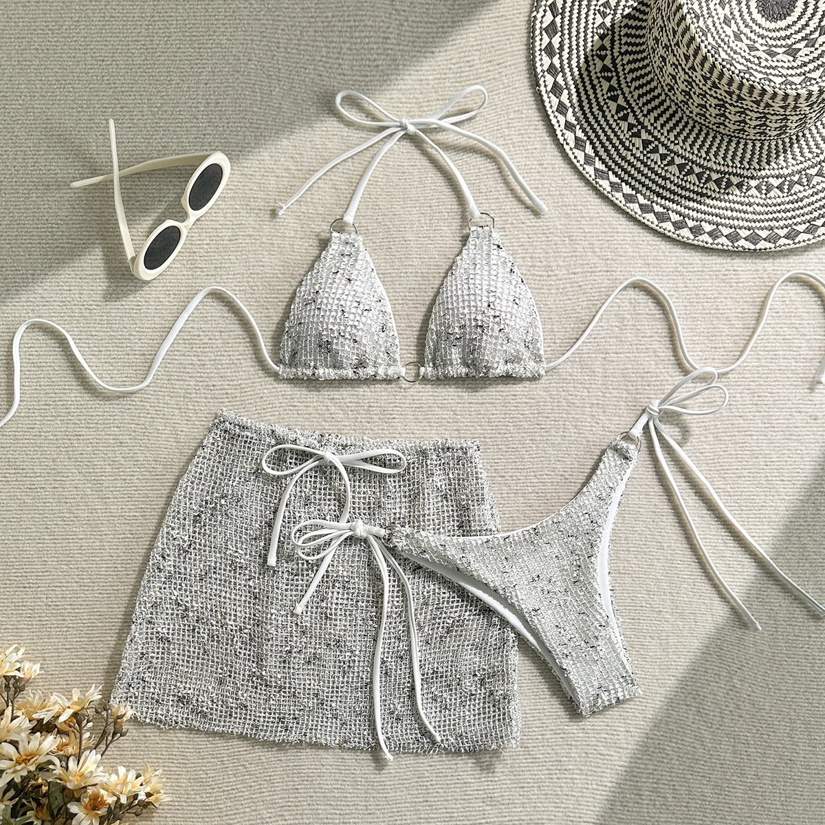 With Mesh Sarong Skirt Halter Bikini Women Swimwear Female Swimsuit Three-pieces Bikini Set Fishnet Bathing Suit Swim Beachwear