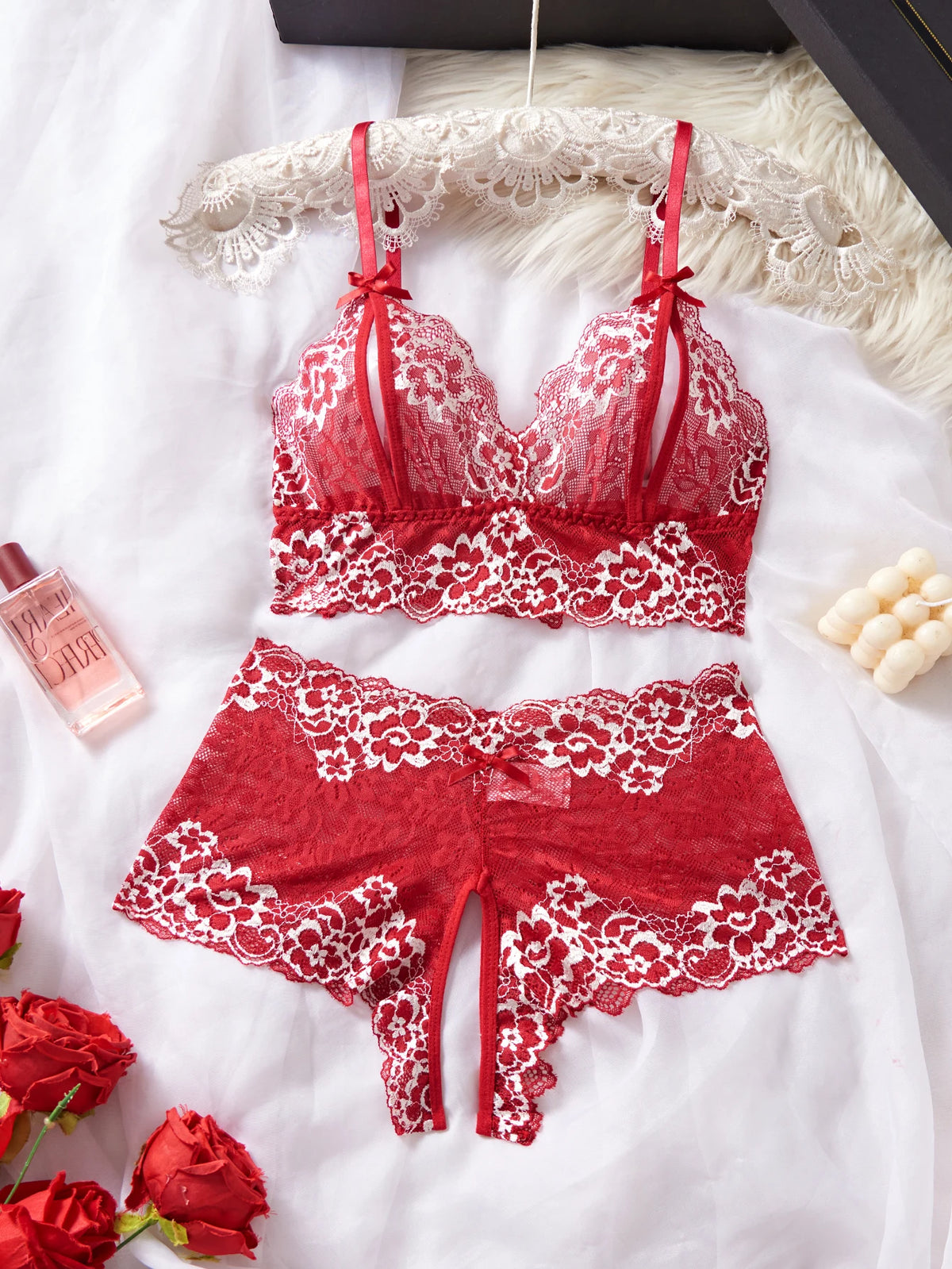 Lace Hollow Contrast Color Sexy Lingerie Bra And Panties Sets Open Chest Underwear Set Crotchless Women Erotic Suits