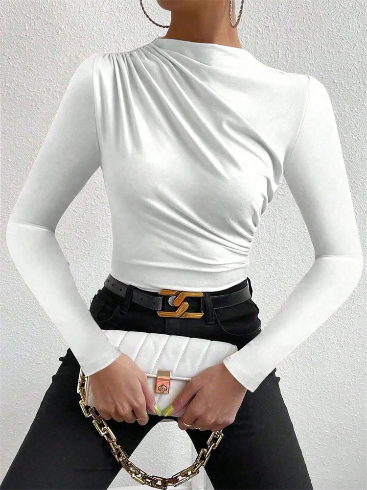 Casual Pleated Mock Neck Long Sleeve T-shirt for Women Autumn Winter Spring Solid Color Ruched Skinny Slim Fit Blouse Top Tshirt