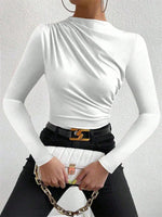Casual Pleated Mock Neck Long Sleeve T-shirt for Women Autumn Winter Spring Solid Color Ruched Skinny Slim Fit Blouse Top Tshirt