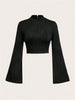 Casual Black Mock Neck Flare Long Sleeve Crop Top Women Fall Winter Y2K Clothes Solid Color Slim Fit Tee Shirt Blouse Streetwear