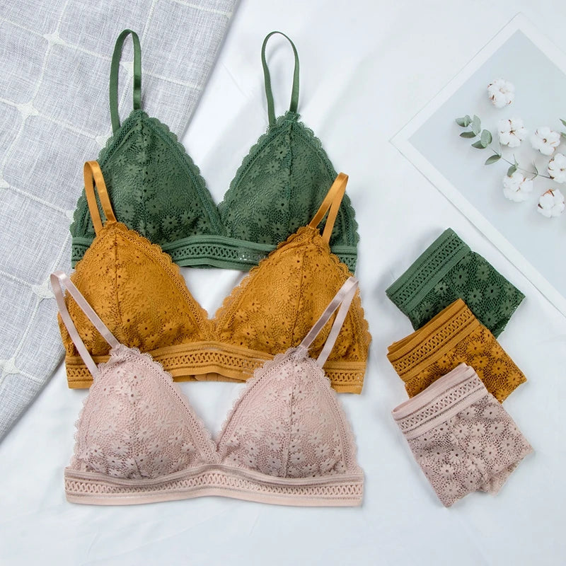 Women Floral Lace Bras Suit Solid Underwear Padded Breathable Vest With Briefs Sexy Hollow Out Bralette Thin Lingerie One Size