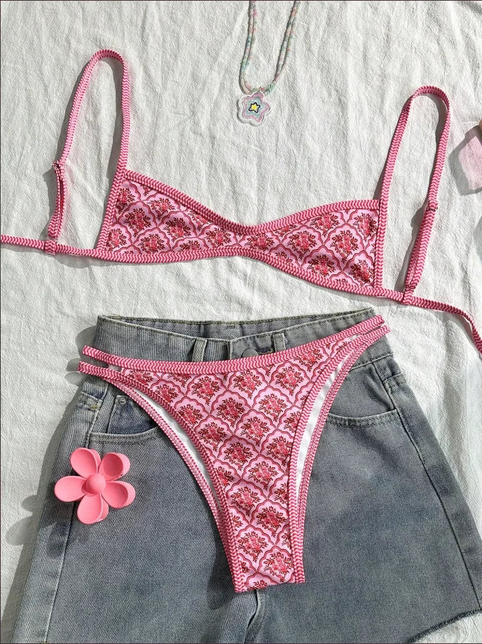 New Flowers Printed High Leg Cut Bikini Female Swimsuit Women Swimwear Two-Pieces Bikini Set Bather Bathing Suit Swim