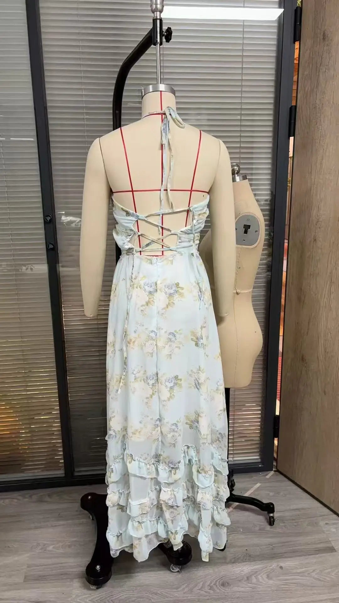 Women's Fashion Flower Print Bead Chain Halter Neck Long Dresses Sexy V-neck Backless Leace-up Slit Dress Lady Party Vestidos
