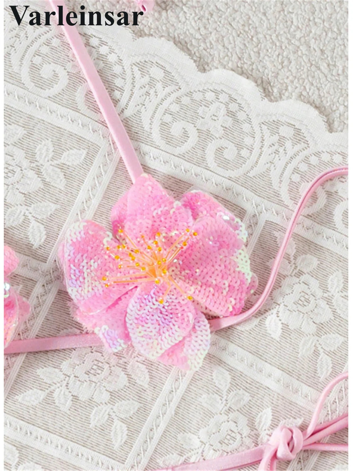 S - XL New Shiny 3D Flowers Halter Bikini Female Swimsuit Women Swimwear Two-Pieces Bikini Set Bather Bathing Suit Swim V7703