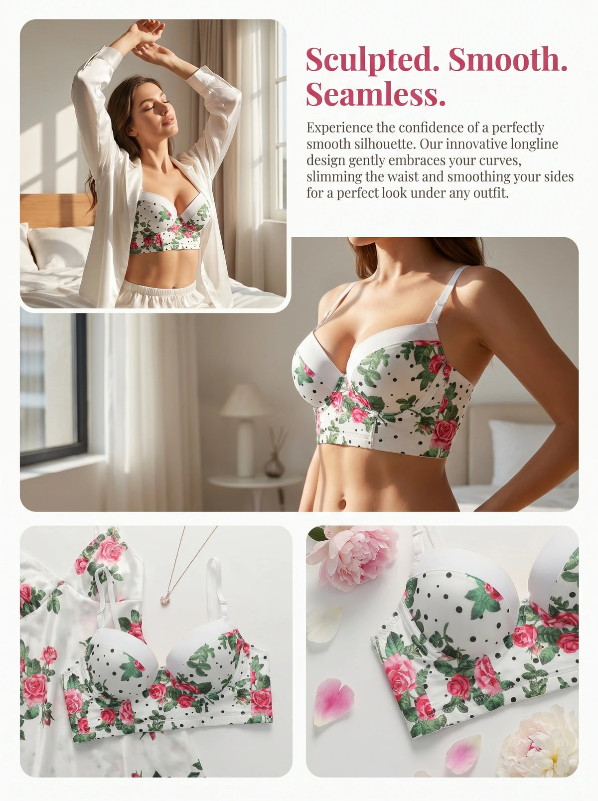 Women Floral Polka Dot Bra Retro Vintage Printed Underwire Bralette 3/4 Cup Lingerie Push Up Bra B6061