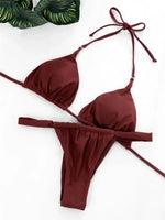 PU Pleated Ruched Bikinis Mini Micro Thong Bikini Women Swimwear Female Swimsuit Two-pieces Bikini Set Halter Bathing Suit Swim