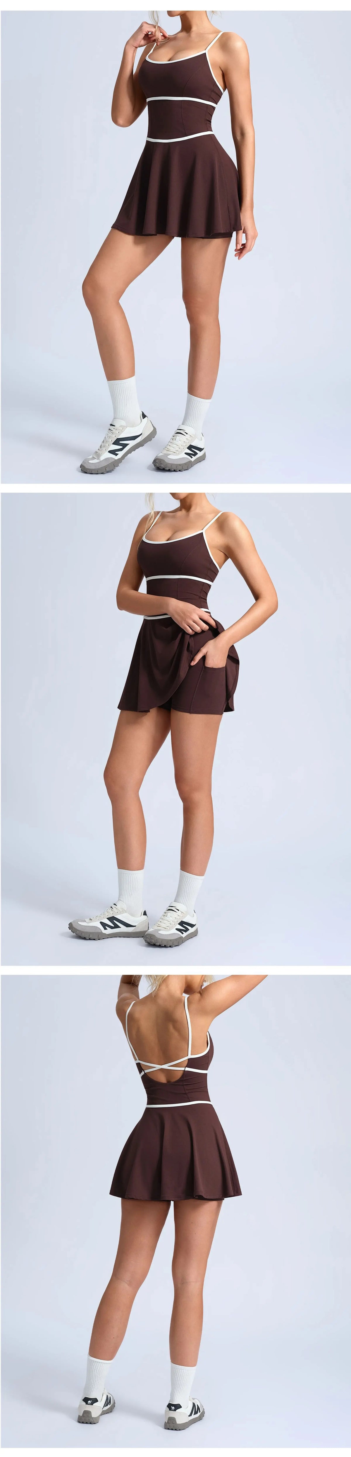 Summer Color Blocking Tennis Dresses Women Thin Shoulder Strap Slim Workout Golf Skirts Outwear Gym Running Pleate Dress
