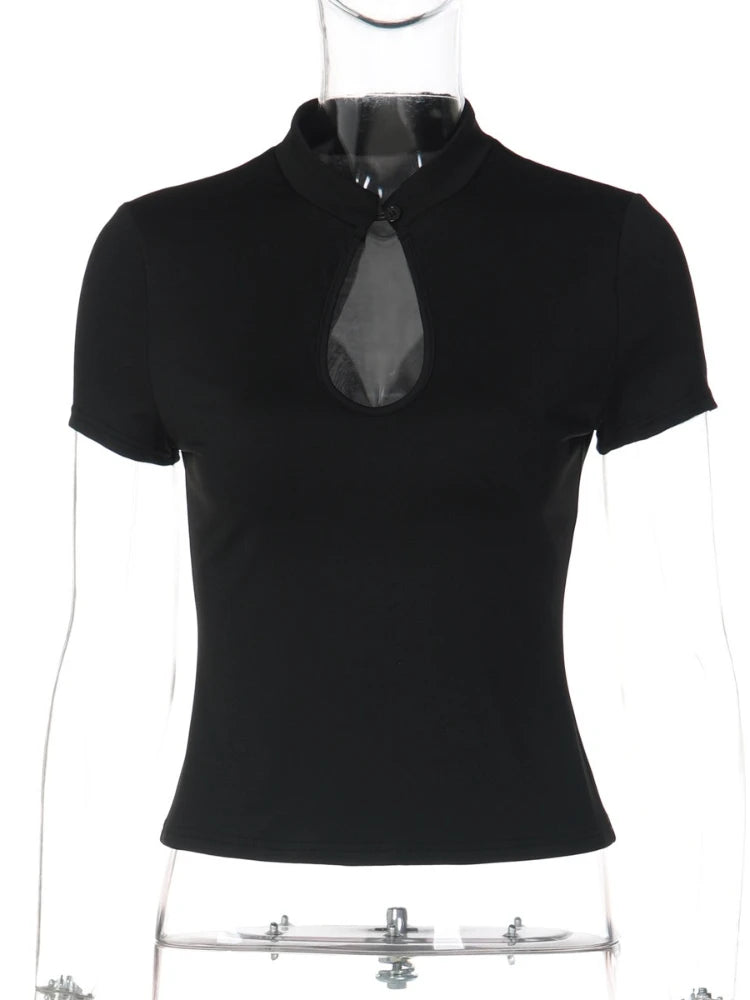 FDYOUI Fashion Stand Collar Button Hollow Out T-shirt for Women 2026 Sexy Short Sleeve Slim Cropped T Shirts Black Wine Red Tops