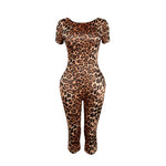 FAGADOER Sexy Leopard Print Bodycon Jumpsuits Women Sleeveless Backless Short SleeveRompers Female Club Party Overalls 2025
