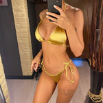 Sexy 13 Colors Halter Satin Brazilian Bikini Women Swimwear Female Swimsuit Two-pieces Bikini set Bather Bathing Suit Swim V4966