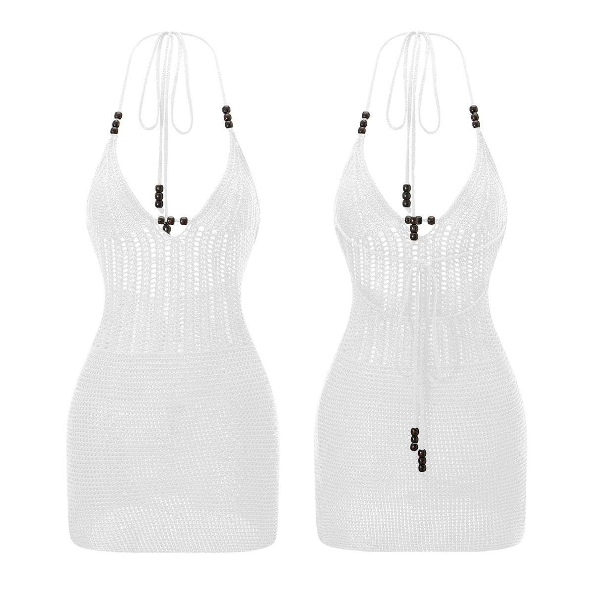 Women Backless Halter Mini Dress Casual Summer Knit Crochet Cutout Bodycon Party Dress for Beach Club Streetwear