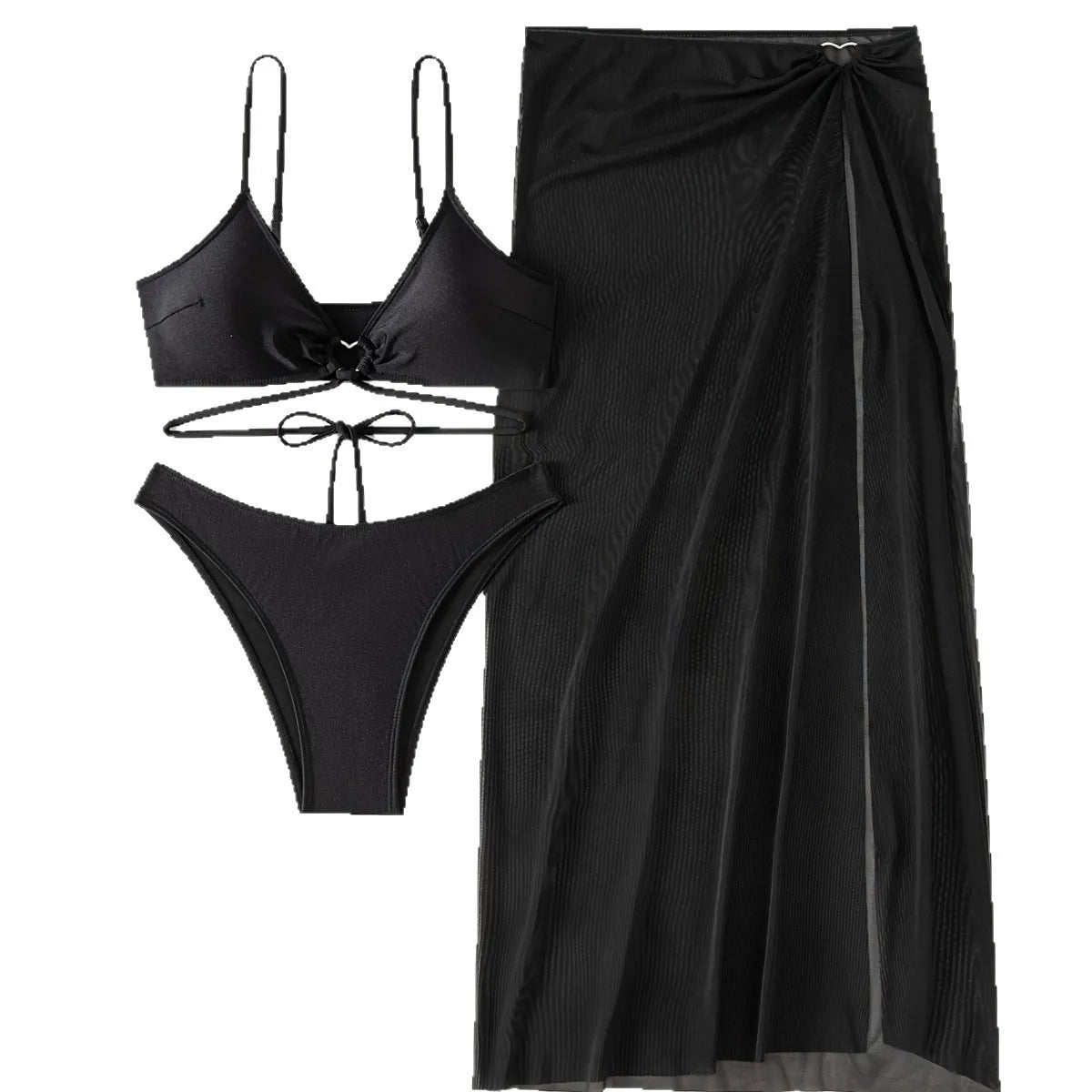 New 3 Pieces Halter Triangle Thong Bikini Set Swimsuit Women Black Swimwear with Sarong Skirts Dress Beach Wear Bathing Suits