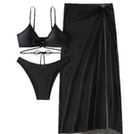 New 3 Pieces Halter Triangle Thong Bikini Set Swimsuit Women Black Swimwear with Sarong Skirts Dress Beach Wear Bathing Suits