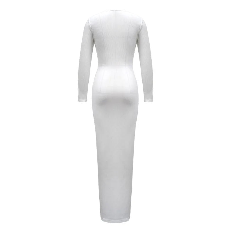 Trendy Solid Color Slim Long Dresses Women Sexy Deep V-neck Hollow Out Leace-up Package Hip Bodycon Party Dress Female Vestidos