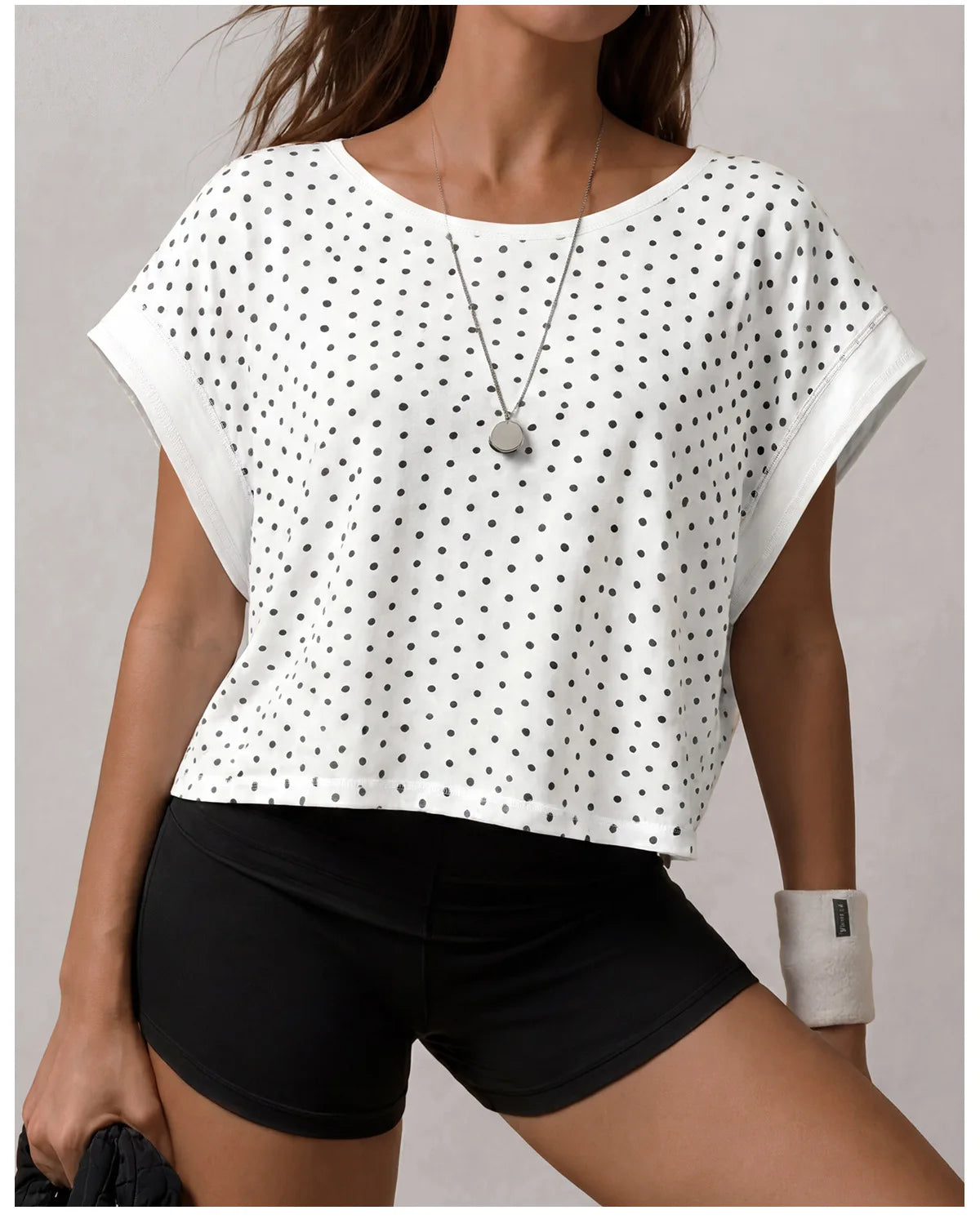Summer Back Hollow Out Yoga T Shirts Women Polka Dot Print Short Sleeve Loose Sports Cover Up Breathable Training Fitness Tops