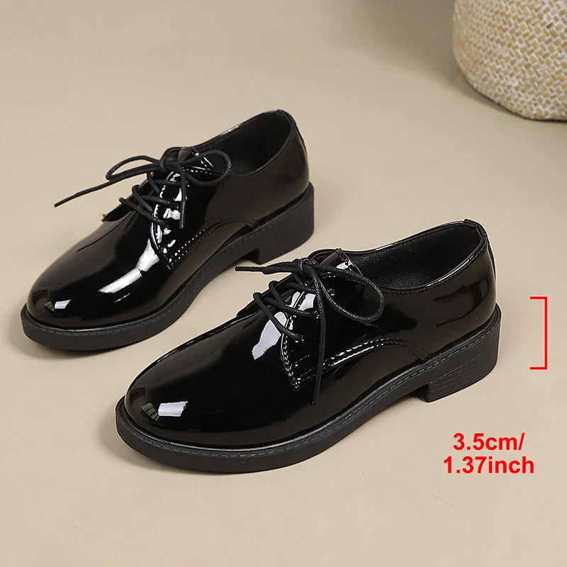 Pink Patent Leather Oxford Shoes Women Fashion Lace Up Pointed Toe Med Heel Pumps Woman Plus Size 43 Thick Heels Office Shoes