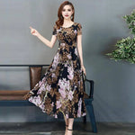 Summer Women Dress Floral Print A-line Big Hem High Waist Short Sleeves Round Neck Pleated Mid-calf Length Party Commute Dress