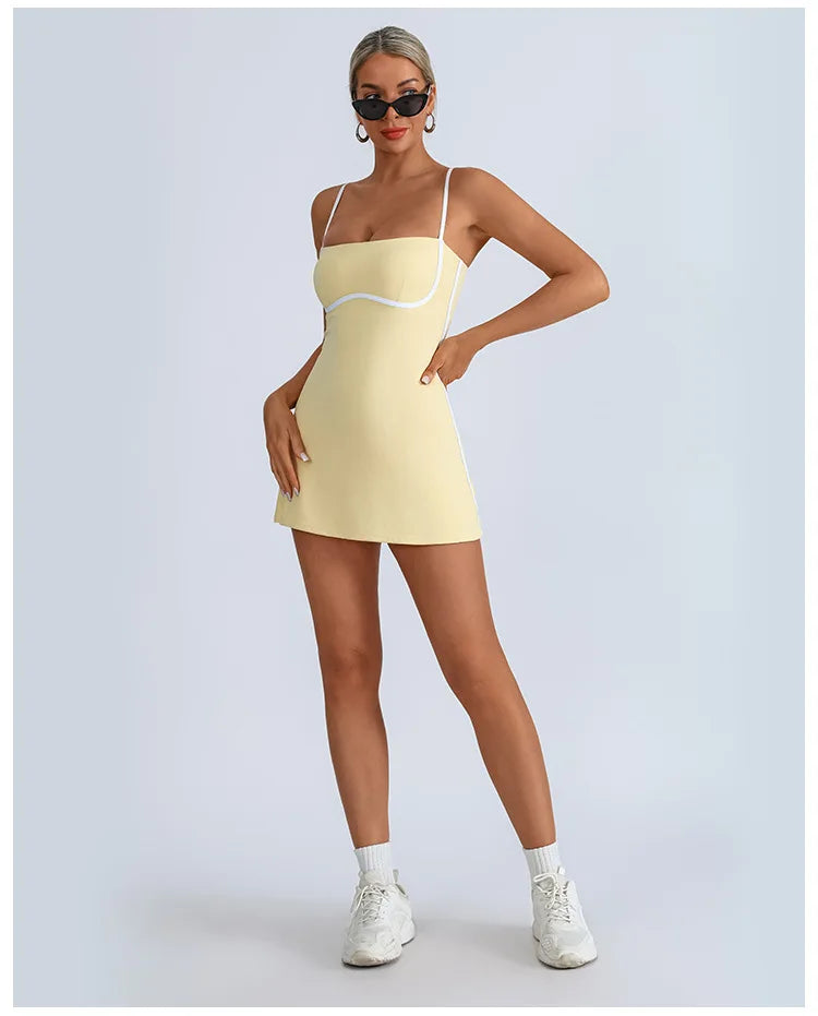 Women's Tennis Dress Summer Sleeveless Pink Contrast Workout Yoga Dresses Build in Shorts Fashion Tight Fitting Skirts Suit