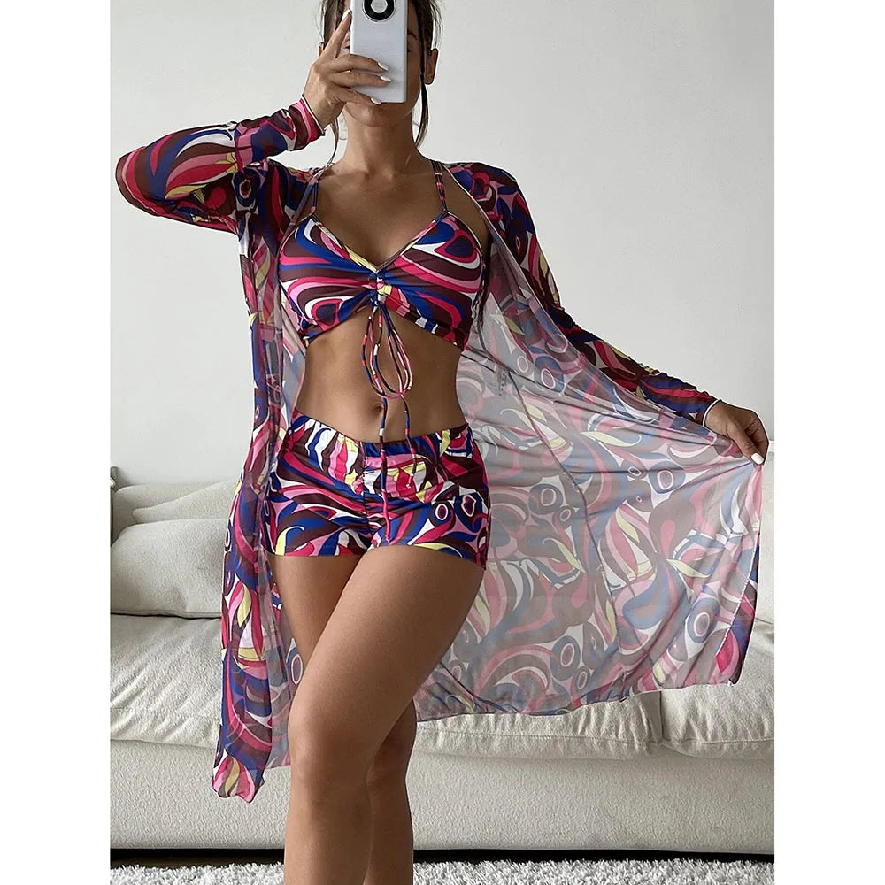 2025 Three Pieces Bikini Set Cover Up Swimwear Women Swimsuit Print Long Sleeve Push Up Bathing Suit Beachwear Swimming Biquini