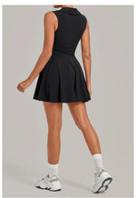 Summer Women Solid Tennis Dresses Sleeveless Turn Down Collar Pleated Skirts with Detachable Pocket Shorts Slim Yoga Golf Dress