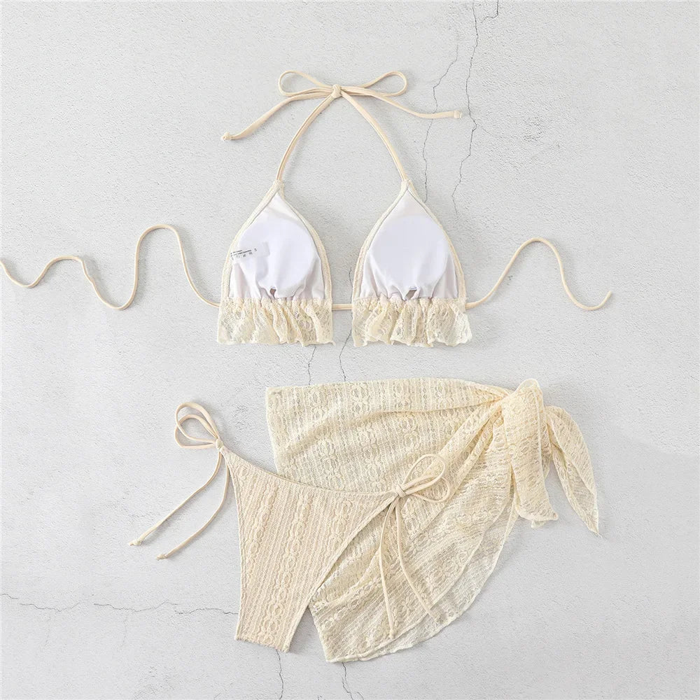 Halter String Triangle 3 Piece Bikini Set Beige Lace Mesh Sexy Swimsuit Women 2026 Cover Up Swimwear Bathing Suit Bikinis Dames