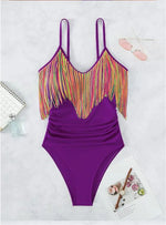 Colorful Tassel One Piece Swimsuit Women Sexy Hot Pink Push Up Tummy Control Swimwear Beach Backless Bathing Suit Monokini 2024