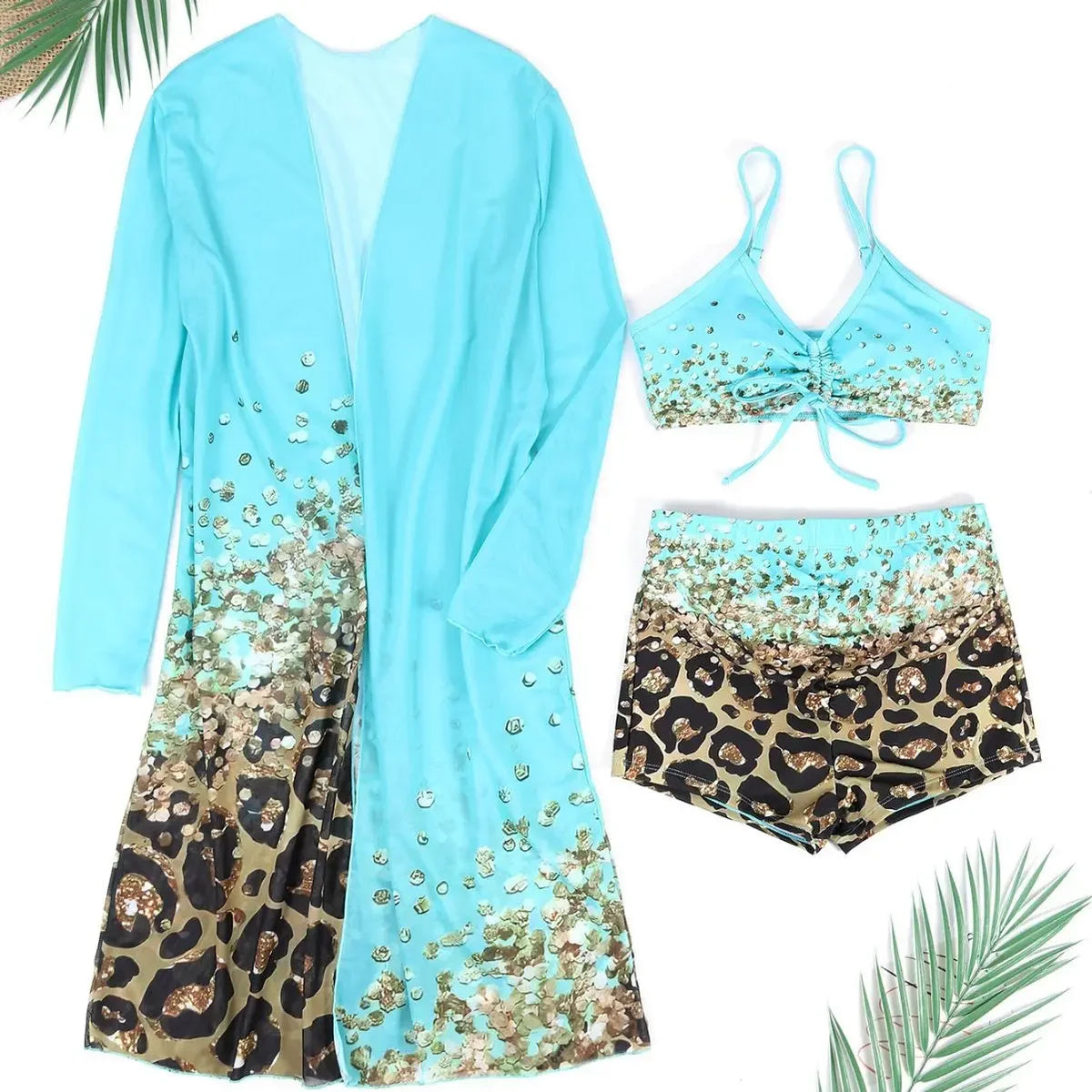 Women Bathing SuitPrint Leopard Bikinis 3 Pieces Swimsuit Kimono High Waist Bikini Shorts Long Sleeve Beach Cover Up Swimwear