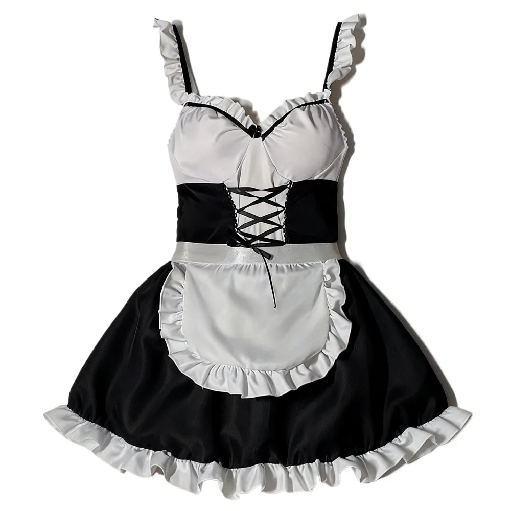 Women Maid Costume Outfit Black White Ruffle Sleeveless Suspender Dress with Apron for Halloween Cosplay Themed Party Role Play