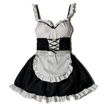 Women Maid Costume Outfit Black White Ruffle Sleeveless Suspender Dress with Apron for Halloween Cosplay Themed Party Role Play