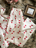 3 Pcs Women Satin Pajama Set Heart Print Round Neck Top with Pants and Shorts Sleepwear Suit Elegant Ladies Homewear