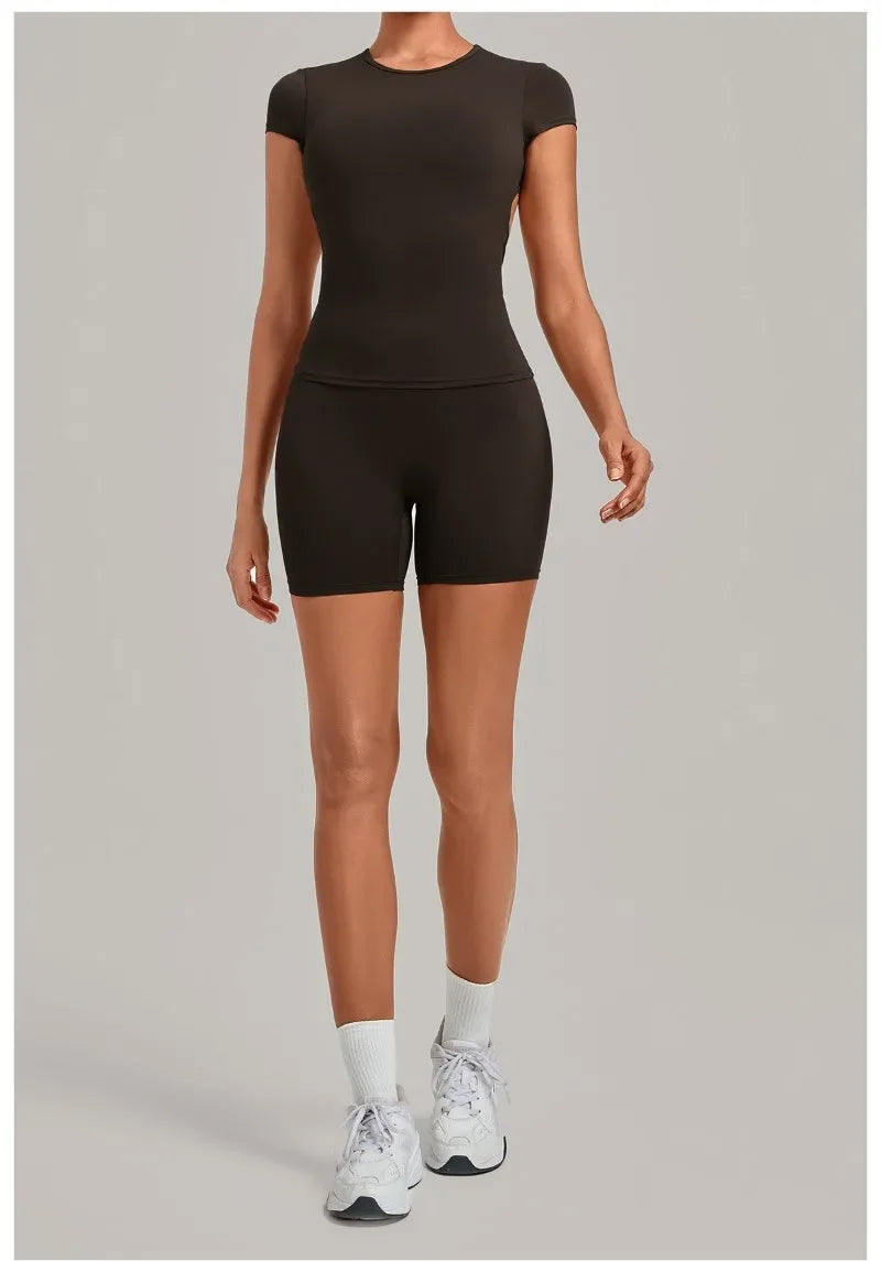 Women's Seamless Yoga Sets Sports Fitness Workout Hip-lifting High Waist Shorts Backless Short-sleeve Vest Suit Gym Training Set