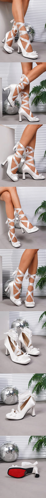 Brand Design Big Size 43 Sweet Pink Mary Jane Pumps Cross-tied Satin 9cm High Heels Ballet Shoes White Party Wedding Shoes Women